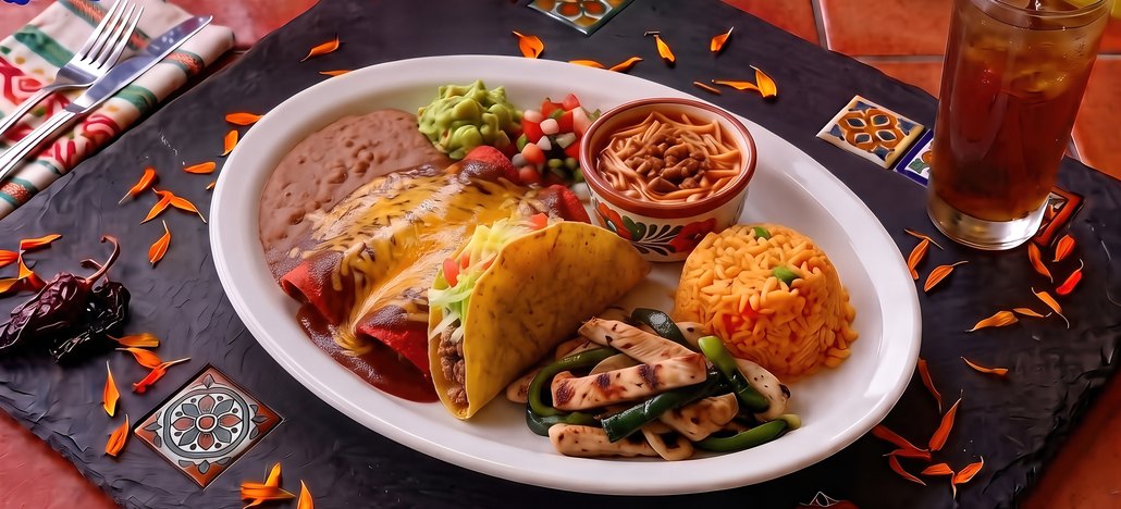 El Jarro plated lunch buffet: red corn cheese enchiladas, crispy beef taco, chicken fajitas, fideo loco, rice, beans, guacamole and pico de gallo